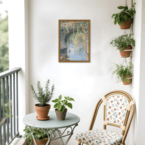 Floral Bridge Canvas Wall Art – Framed Landscape Painting for Home Decor