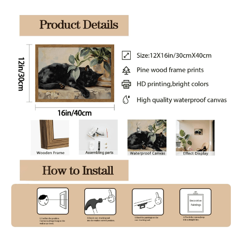 Framed Black Cat Canvas Wall Art