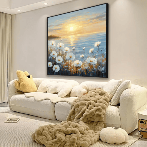 White Flower Seascape Sunset Canvas Wall Art