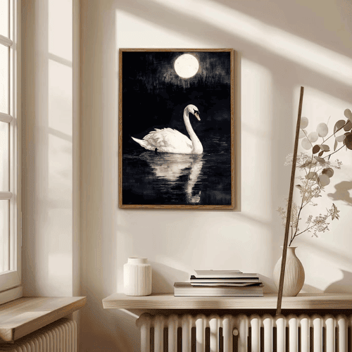 Vintage White Swan Canvas Wall Art – Moonlight Animal Painting with Frame