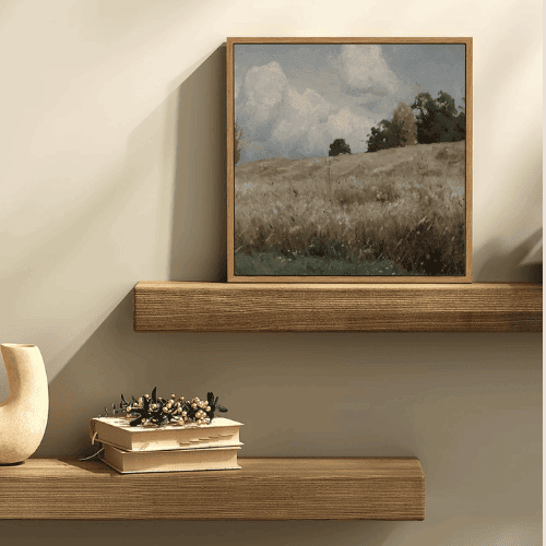 Square Framed Canvas Wall Art – Vintage Grassland Farmhouse Landscape