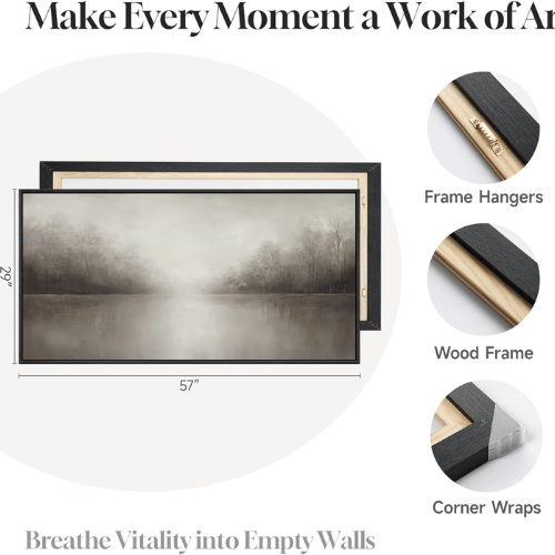 Framed Misty Lake Landscape – Horizontal Neutral Tree Silhouette Wall Art