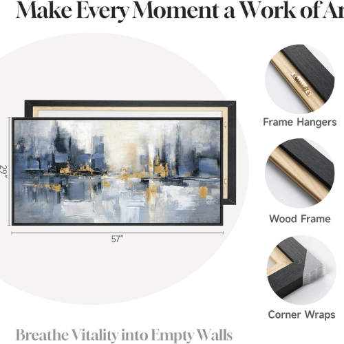 Modern Blue & Gold Abstract Cityscape – Framed Horizontal Skyline Artwork