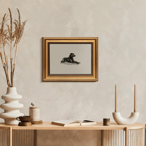 Classic Black Dog Vintage Gold Framed Art – Minimalist Animal Oil Painting