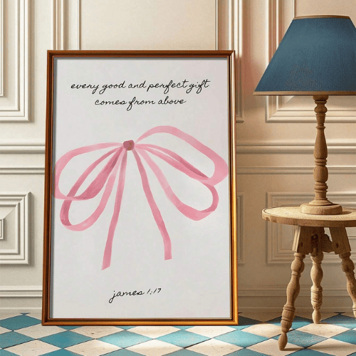 Coquette Pink Bow Bible Verse Wall Canvas Art