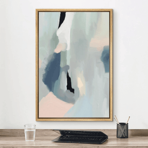 Framed Canvas Print Wall Art – Blue Pink Pastel Abstract Watercolor Collage