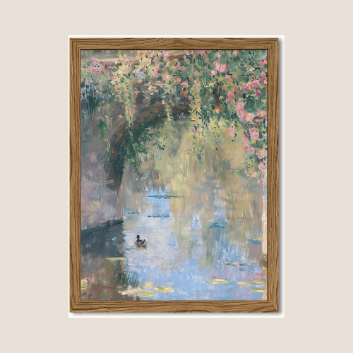 Floral Bridge Canvas Wall Art – Framed Landscape Painting for Home Decor