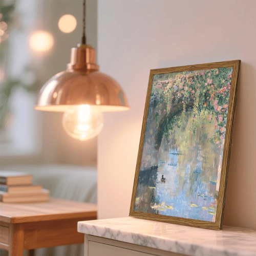 Floral Bridge Canvas Wall Art – Framed Landscape Painting for Home Decor