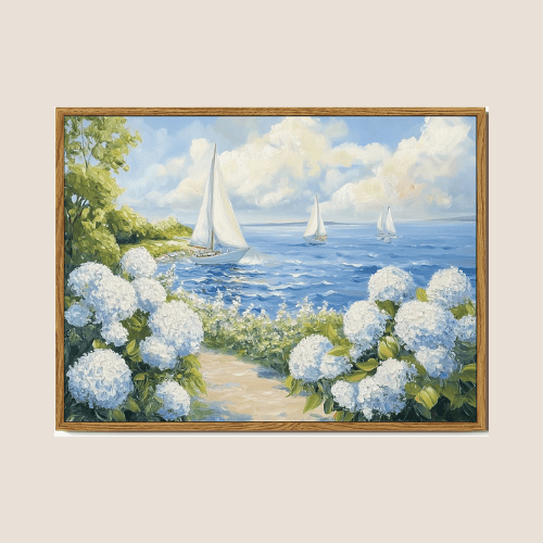 Coastal Sailboat Wall Art – Framed Canvas Nautical Landscape Painting