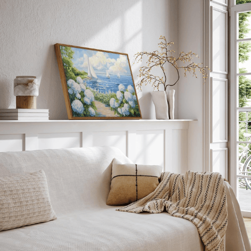 Coastal Sailboat Wall Art – Framed Canvas Nautical Landscape Painting