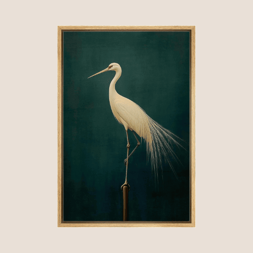 Framed Canvas Wall Art – Elegant White Heron Fine Art Bird Illustration