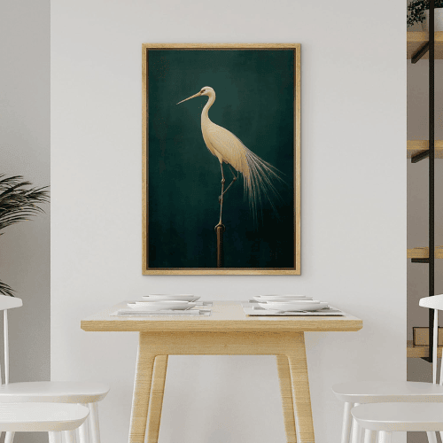 Framed Canvas Wall Art – Elegant White Heron Fine Art Bird Illustration