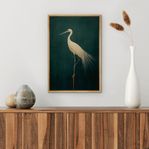 Framed Canvas Wall Art – Elegant White Heron Fine Art Bird Illustration