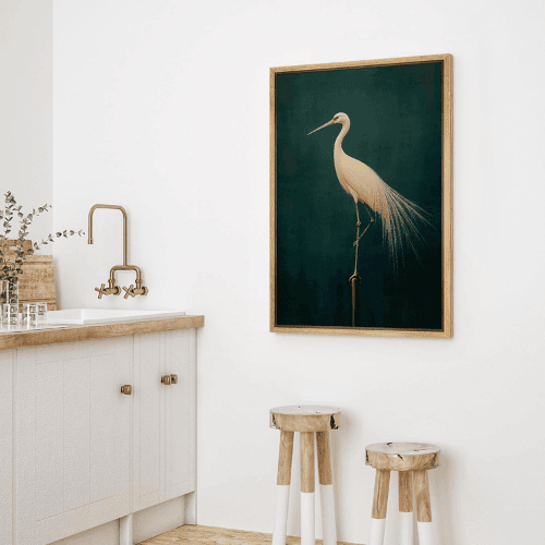 Framed Canvas Wall Art – Elegant White Heron Fine Art Bird Illustration