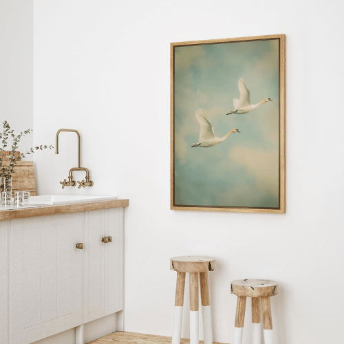 Flying Swans Tranquil Sky Canvas Wall Art