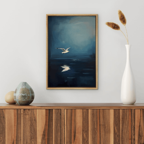 Seagull Over Ocean Canvas Wall Art
