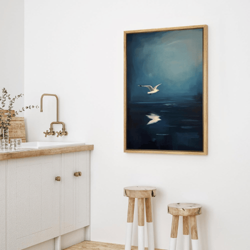 Seagull Over Ocean Canvas Wall Art