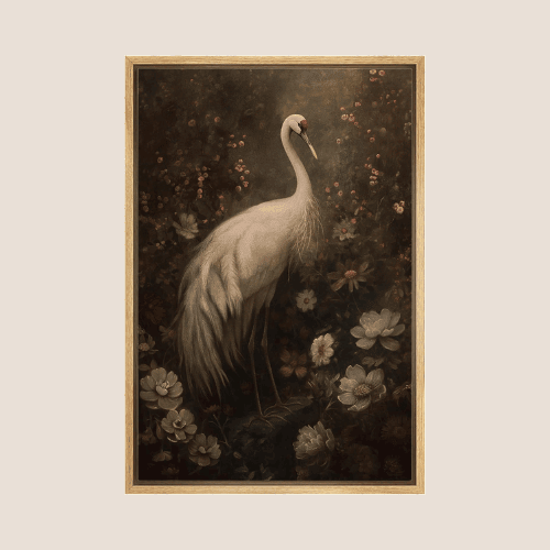 Vintage Crane in Floral Garden Framed Canvas Wall Art