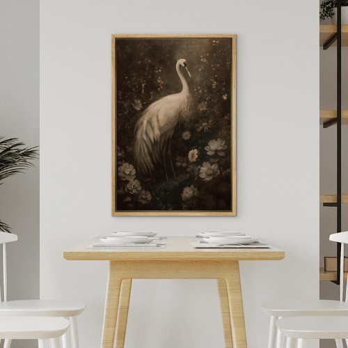 Vintage Crane in Floral Garden Framed Canvas Wall Art