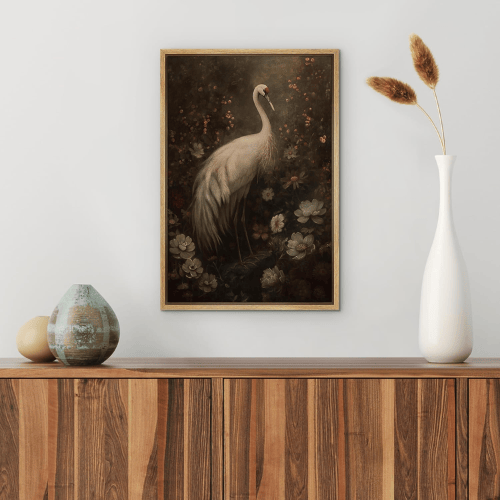 Vintage Crane in Floral Garden Framed Canvas Wall Art