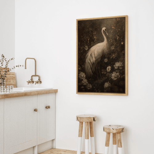 Vintage Crane in Floral Garden Framed Canvas Wall Art