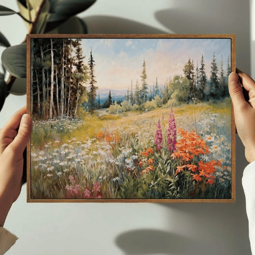 Vintage Mountain Meadow Wildflower Canvas Wall Art