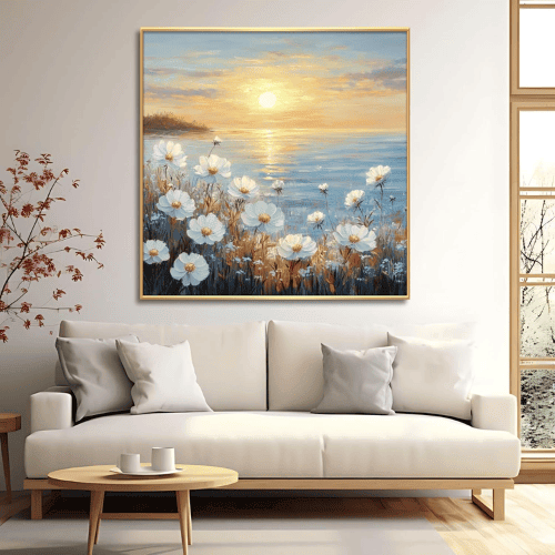 White Flower Seascape Sunset Canvas Wall Art