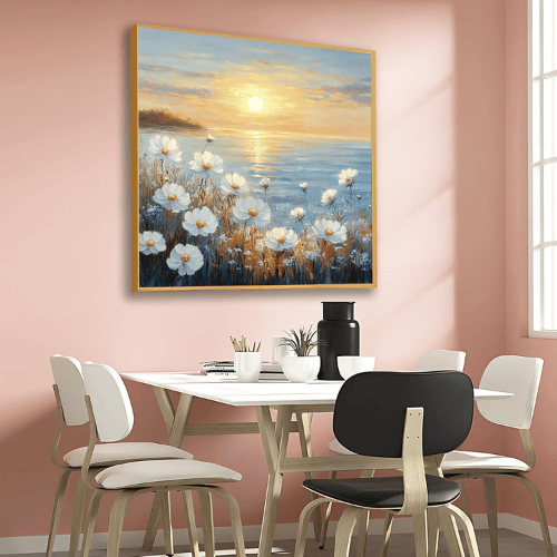 White Flower Seascape Sunset Canvas Wall Art