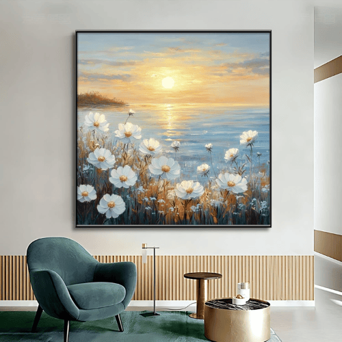 White Flower Seascape Sunset Canvas Wall Art