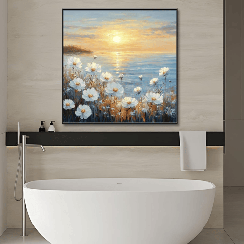 White Flower Seascape Sunset Canvas Wall Art