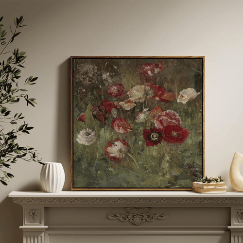 Square Framed Canvas Wall Art "A Bed of Poppies"