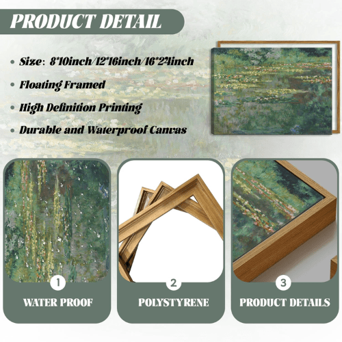 Framed Claude Monet Wall Art – Water Lilies Pond Impressionist Canvas