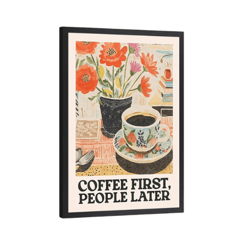 Wood Framed Retro Coffee Wall Art – “Coffee First, People Later” Vintage Cafe Poster Canvas Art