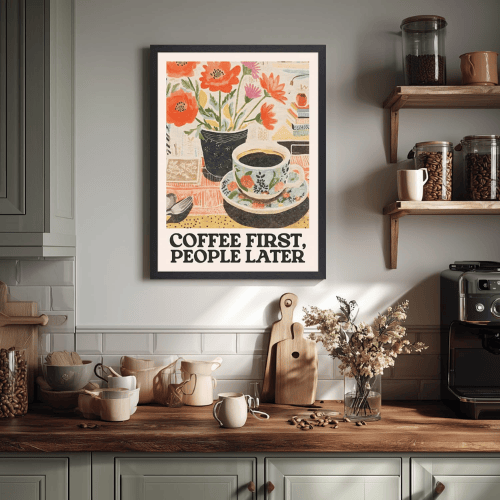 Wood Framed Retro Coffee Wall Art – “Coffee First, People Later” Vintage Cafe Poster Canvas Art