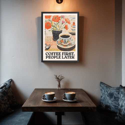 Wood Framed Retro Coffee Wall Art – “Coffee First, People Later” Vintage Cafe Poster Canvas Art