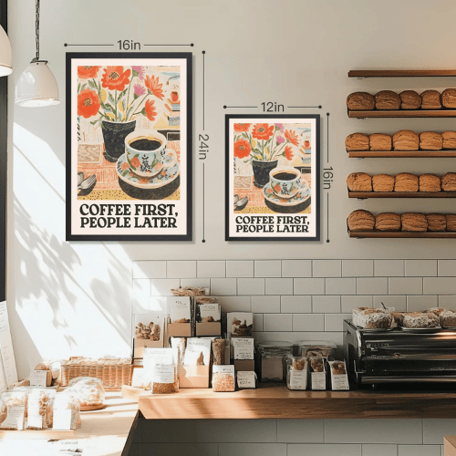 Wood Framed Retro Coffee Wall Art – “Coffee First, People Later” Vintage Cafe Poster Canvas Art