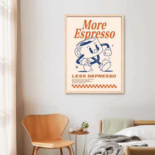Funny Coffee Wall Art – “More Espresso, Less Depresso” Vintage Cafe Poster Canvas Art