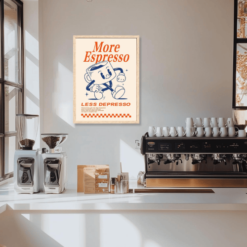 Funny Coffee Wall Art – “More Espresso, Less Depresso” Vintage Cafe Poster Canvas Art