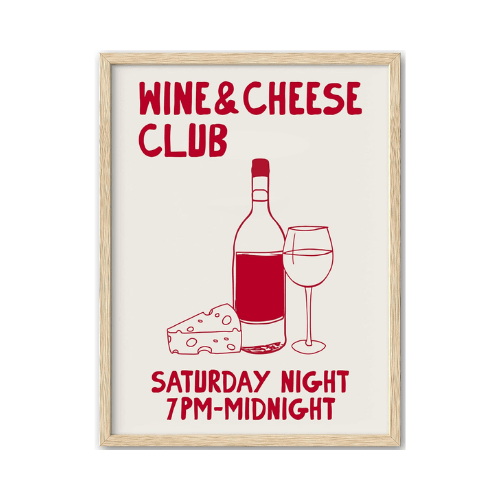 Wine Club Framed Wall Art – Hand Drawn Wine & Cheese Canvas Art