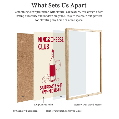 Wine Club Framed Wall Art – Hand Drawn Wine & Cheese Canvas Art