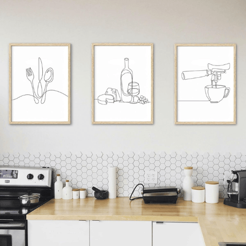 Wine & Cheese Line Art Framed Wall Art – Minimalist Dining Room Canvas Art
