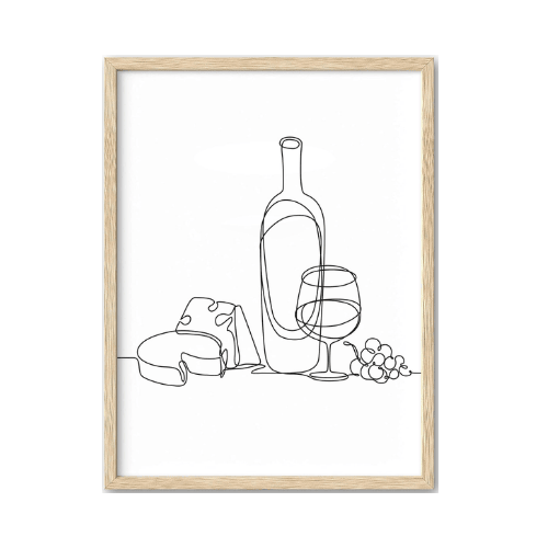 Wine & Cheese Line Art Framed Wall Art – Minimalist Dining Room Canvas Art