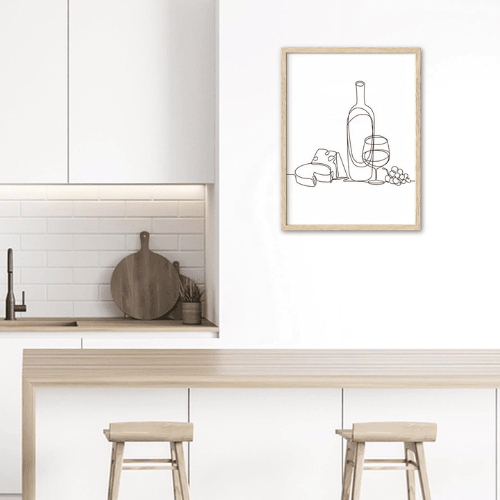 Wine & Cheese Line Art Framed Wall Art – Minimalist Dining Room Canvas Art