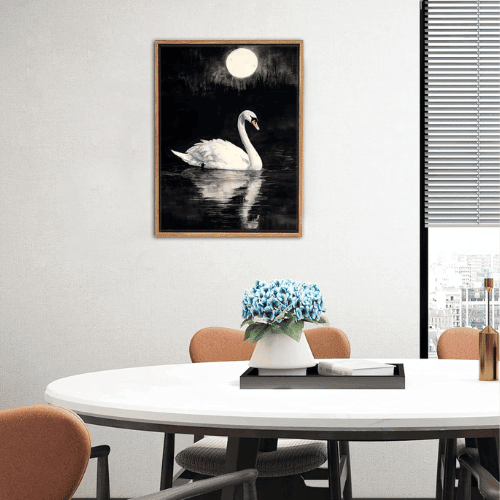 Vintage White Swan Canvas Wall Art – Moonlight Animal Painting with Frame