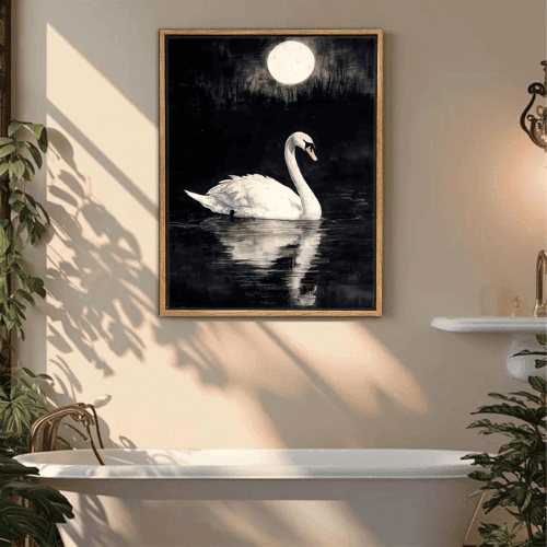 Vintage White Swan Canvas Wall Art – Moonlight Animal Painting with Frame