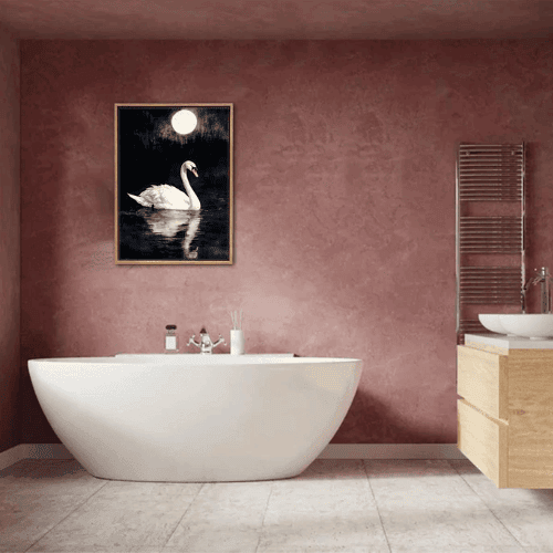 Vintage White Swan Canvas Wall Art – Moonlight Animal Painting with Frame