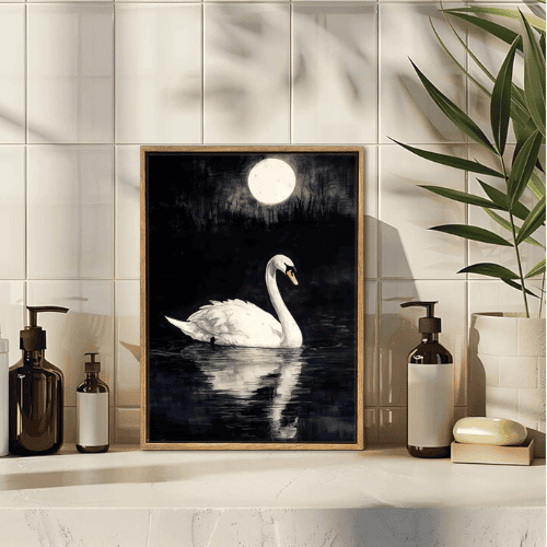 Vintage White Swan Canvas Wall Art – Moonlight Animal Painting with Frame