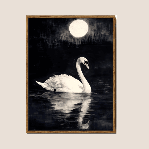Vintage White Swan Canvas Wall Art – Moonlight Animal Painting with Frame