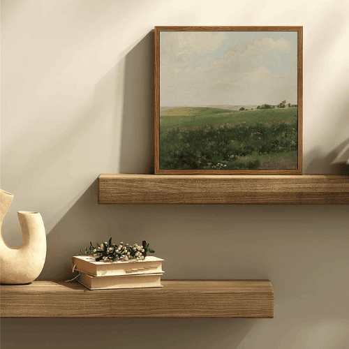 Square Framed Canvas Wall Art – Vintage Grassland Field Scenery