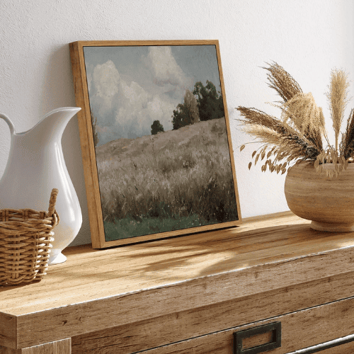 Square Framed Canvas Wall Art – Vintage Grassland Farmhouse Landscape